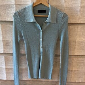 Zara Glittery Ribbed Button-Front Long Sleeve Polo Top - Light Blue